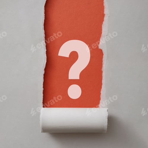 Preview: Bold white question mark framed by ripped grey paper
