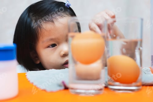 Preview: Cute little child girl is wondering about sinking egg-floating egg science experiment.