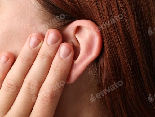 Preview: Sound. Woman touching her ear, closeup view