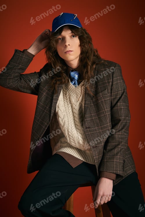 Preview: Handsome young man showcases chic fashion with a vibrant background and confident pose