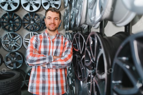 Preview: male customer choosing alloy wheel rims at car repair service or auto store
