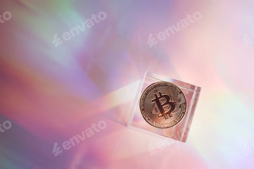Preview: Golden bitcoin coin on holographic, abstract, neon background. digital currency, business style.