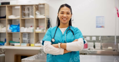 Preview: Crossed arms, veterinary and portrait of Asian woman in clinic for medical service, medicine and tr
