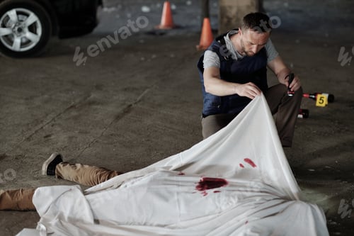 Preview: Young policeman or criminological expert in bulletproof vest inspecting corpse