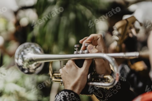 Preview: Closeup shot of a man playing the trumpet with trees on the background
