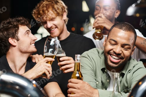 Preview: happy and drunk african american man with braces smiling near male friends in bar, bachelor party