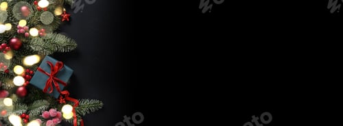 Preview: Christmas winter banner with fir branches, red balls on black background. Xmas greeting card.