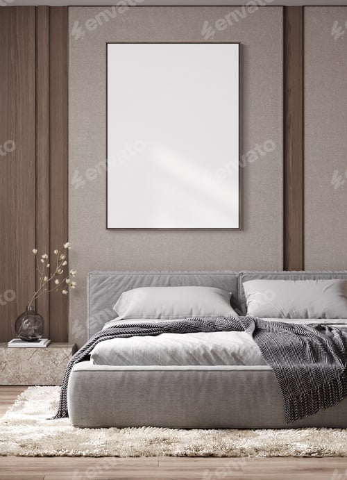 Preview: Wooden frame mockup in modern interior background with cozy bed, 3d render
