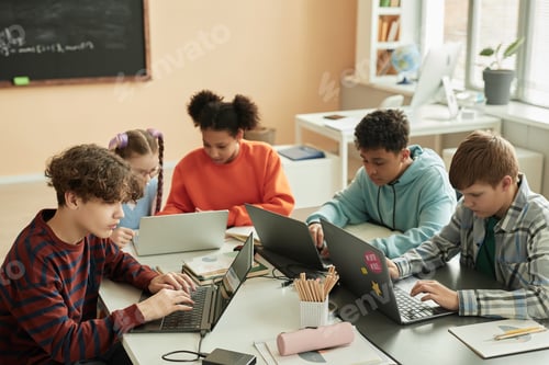 Preview: Group of teen schoolchildren using computers in classroom studying
