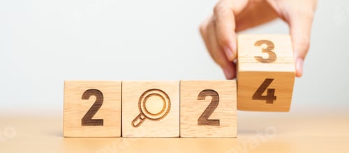 Preview: 2024 block with magnifying glass icon. Search Engine Optimization, hiring ,New Year start concepts