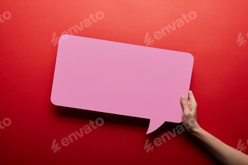 Preview: top view of empty speech bubble in pink color on red background