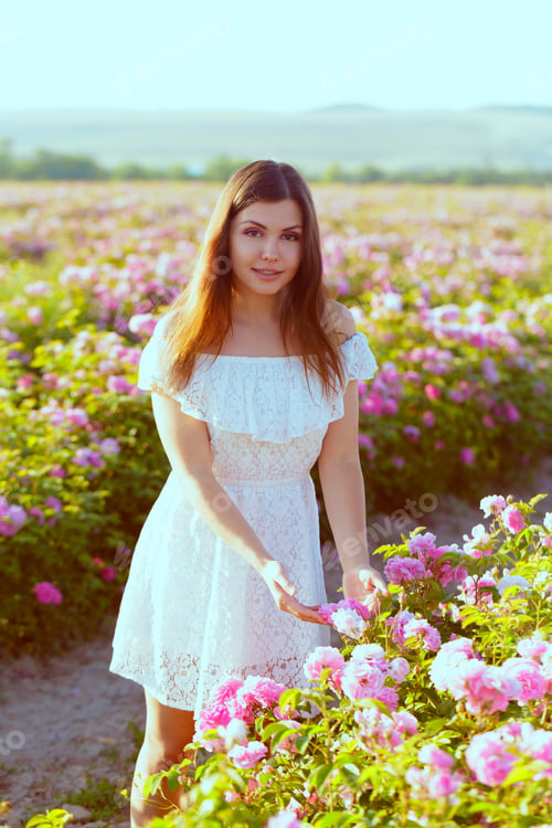 Preview: Young woman in white dress gathers pink flowers in a sunny field during springtime