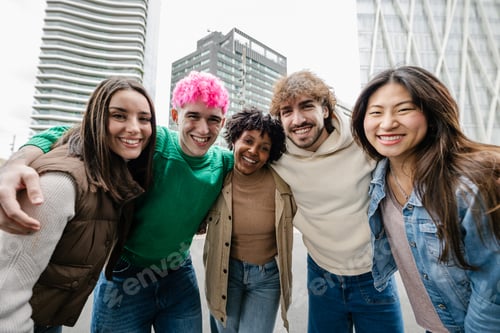 Preview: Portrait group of five young diverse friends smile at camera standing outside