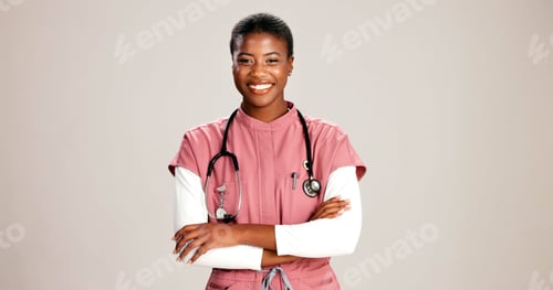 Preview: Black woman, doctor and portrait in studio with confidence, career pride or smile at mockup space.