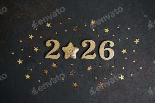 Visualização: Números dourados 2026 com estrela em vez de zero em fundo texturizado escuro