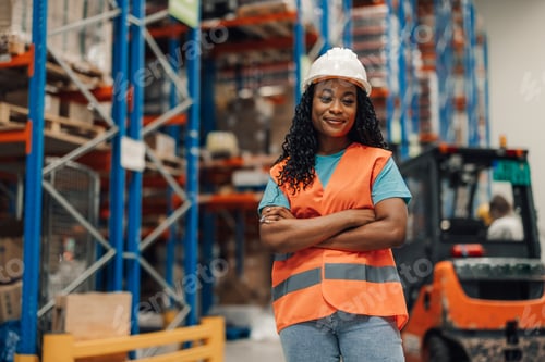 Preview: Confident female worker posing with arms crossed in warehouse