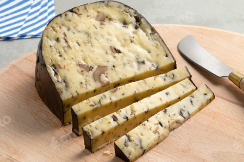 Preview: Piece of Gouda cheese with wild mushrooms on a cutting board close up