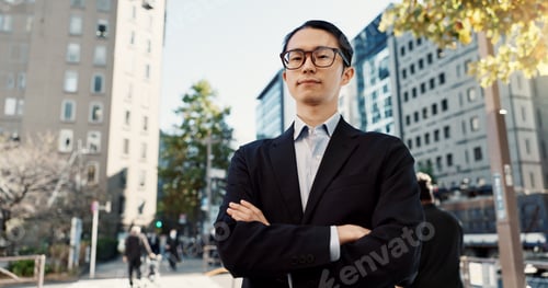 Preview: Businessman, portrait and professional in city street as broker in financial market, confident or T