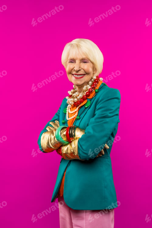 Preview: Cool and stylish senior old woman with fashionable clothes