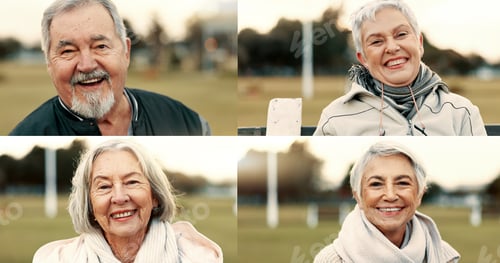 Preview: Collage, sports field and portrait of senior people faces as fans at a match and happy for competit