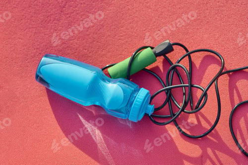 Preview: Bottle of water and skipping rope on pink yoga mat