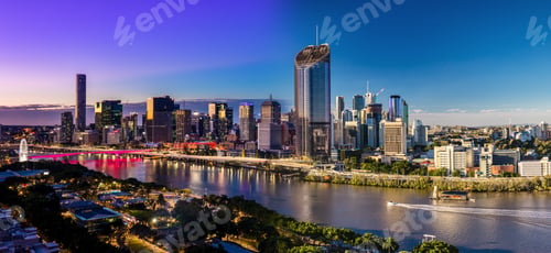 Preview: Panoramic day and night areal image of Brisbane CBD and South Ba