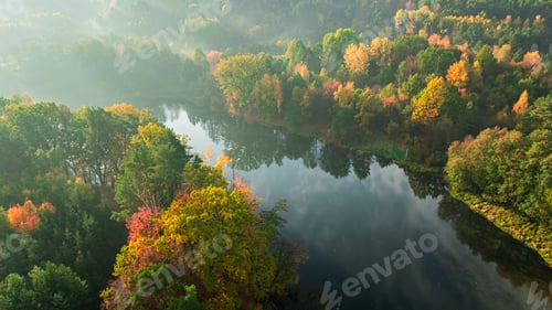 Preview: Colorful forest and hazy river in autumn at sunrise.
