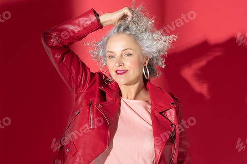 Preview: Blue-eyed woman wearing red leather jacket feeling good