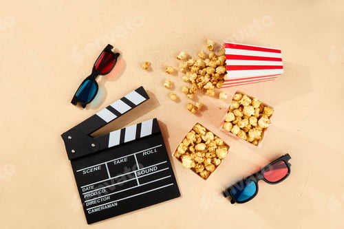 Preview: Bowl of popcorn and 3D glasses for watching movies, clapperboard. Top view, copy space