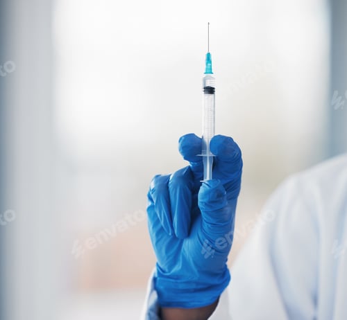 Preview: Closeup, hand or doctor with needle, healthcare or vaccination with disease, sick or illness. Medic