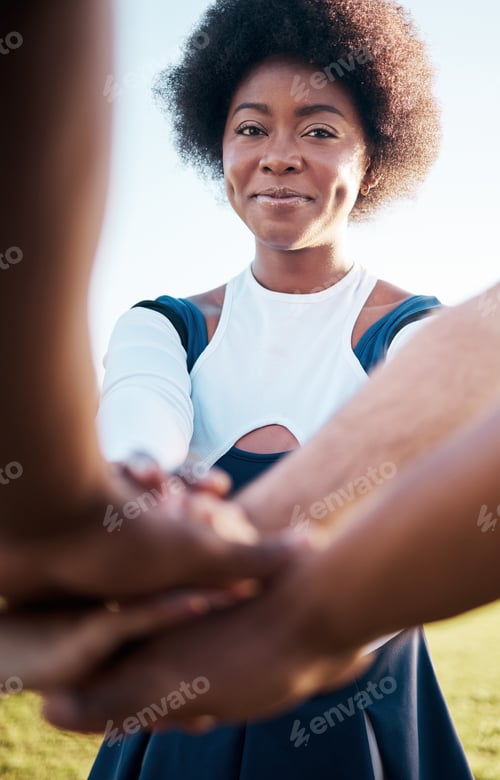 Preview: Cheerleader team, hands together and portrait of happy woman in sports competition support, dance c