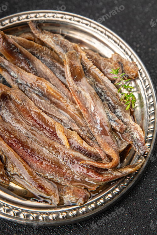 Preview: Anchovy fillet fish seafood snack aperitif fresh tasty food dish delicious gourmet food background