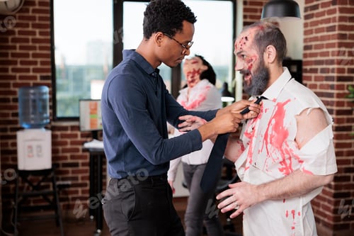 Preview: Director on set arranging tie on actor portraying zombie in horror movie