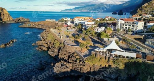 Preview: Aerial view of Porto Moniz Natural Pools at sunset in Madeira, P