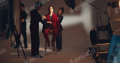 Preview: People, crew and model for photoshoot in studio of media photography, getting ready and backstage.