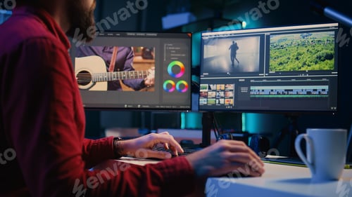 Preview: Video editor inputting music, dialogues, graphics and effects over raw footage