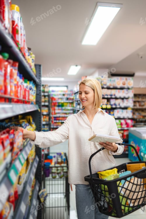 Preview: Woman shopping in grocery store checking items on list