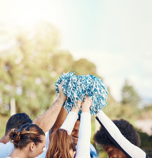 Preview: Cheerleader, sports motivation or people cheerleading in huddle with support, hope or faith on fiel