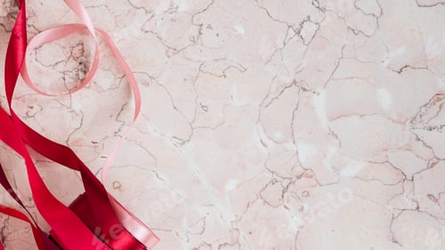 Preview: Rolls of red ribbon on a pink marble background