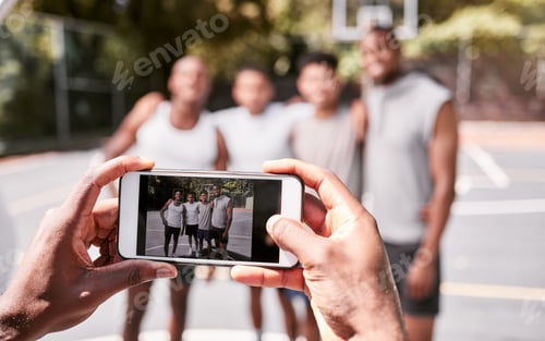 Preview: Basketball, phone and screen with people team photo for game, competition or outdoor social media p