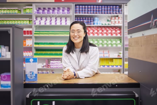 Preview: Pharmacy, smile and portrait of asian woman at counter in drugstore, customer service and medical a
