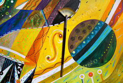 Preview: Artistic background, colorful painted canvas and a paintbrush on it