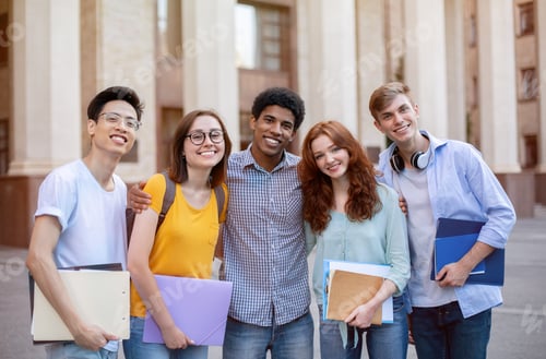 Preview: Happy Diverse Students Standing Together Near University Building Outdoors