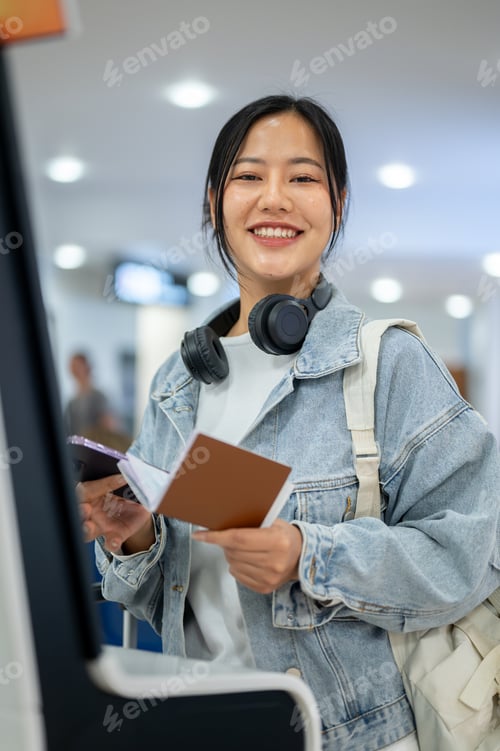 Preview: A smiling Asian female passenger stands in front of an airport self-check-in kiosk in the airport.