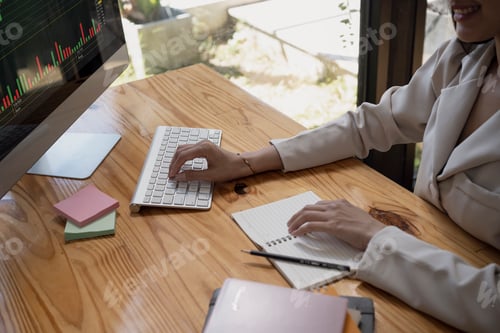 Preview: Female economist accounting analyzing statistics graphs on screen of computer.