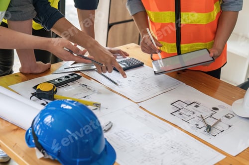 Preview: construction engineers team using blueprint and tablet of project plan brainstorming and working