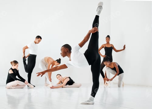 Preview: Full length shot of a diverse group of ballet students rehearsing in their dance studio