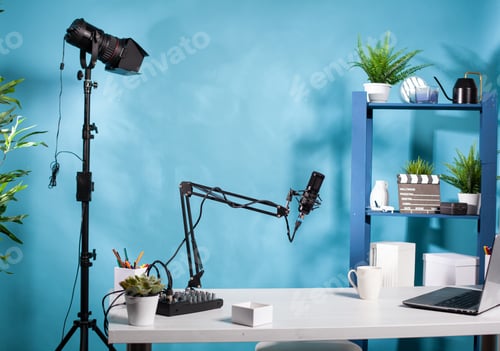 Preview: Professional video light stand in empty vlog broadcasting studio with microphone