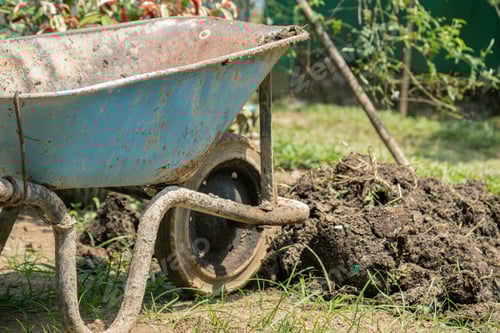 Preview: Wheelbarrow in the garden, in the middle of the renovation process.