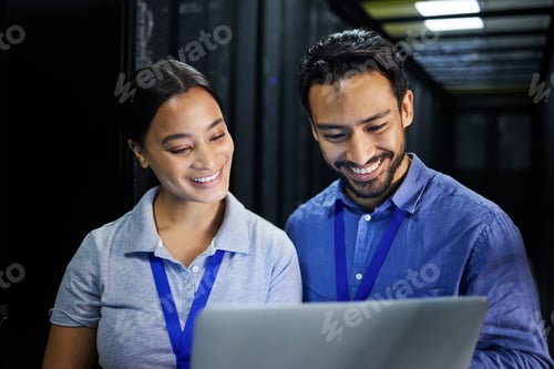 Preview: People, happy or laptop in server room, IT engineering or software programming for cybersecurity, a